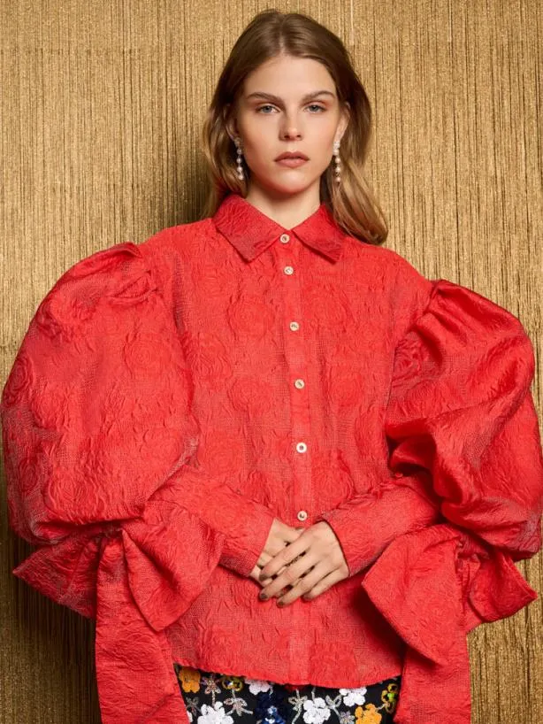 Sister Jane Tops Womenswear DREAM Barbara Jacquard Bow Blouse Poppy Red