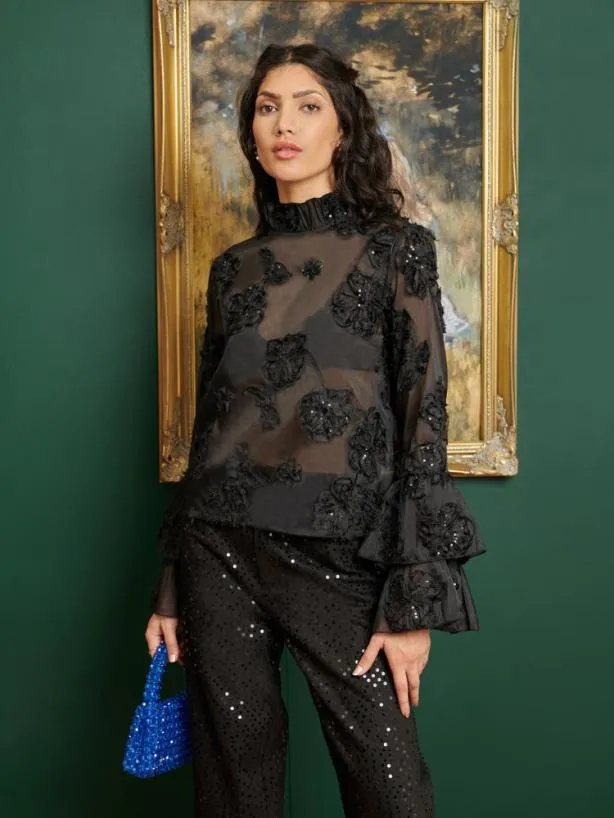 Sister Jane Tops Womenswear DREAM Estelle Floral Fluted Top Coal Black