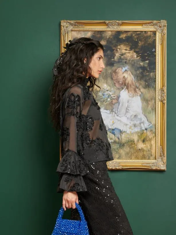 Sister Jane Tops Womenswear DREAM Estelle Floral Fluted Top Coal Black