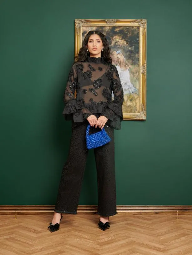 Sister Jane Tops Womenswear DREAM Estelle Floral Fluted Top Coal Black