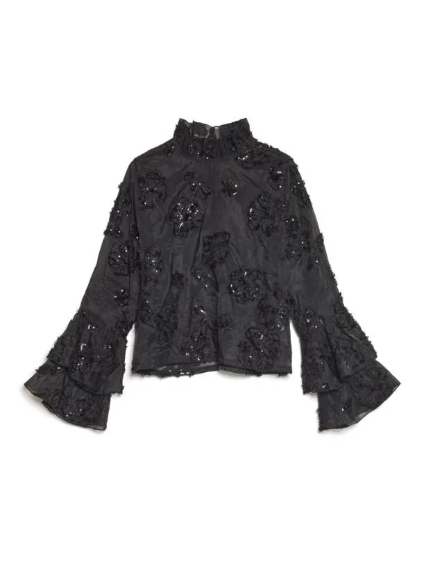 Sister Jane Tops Womenswear DREAM Estelle Floral Fluted Top Coal Black