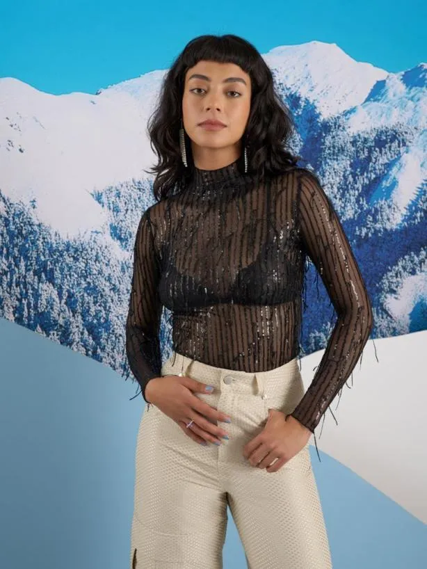 Sister Jane Tops Womenswear Ghospell Aria Mesh Top Coal Black