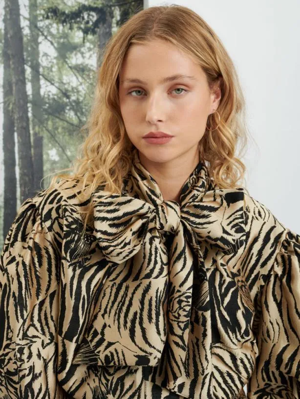 Sister Jane Tops Womenswear Ghospell Maxine Animal Bow Shirt Tan Black