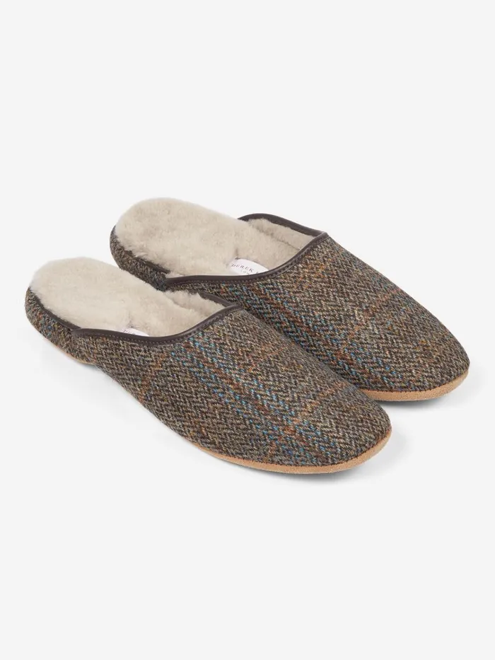 Slippers MenSlippers Derek Rose Mule Slippers Douglas 2 Harris Tweed Sheepskin Beige