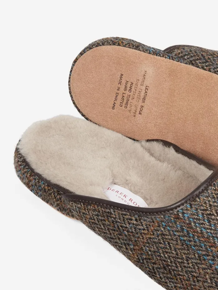 Slippers MenSlippers Derek Rose Mule Slippers Douglas 2 Harris Tweed Sheepskin Beige