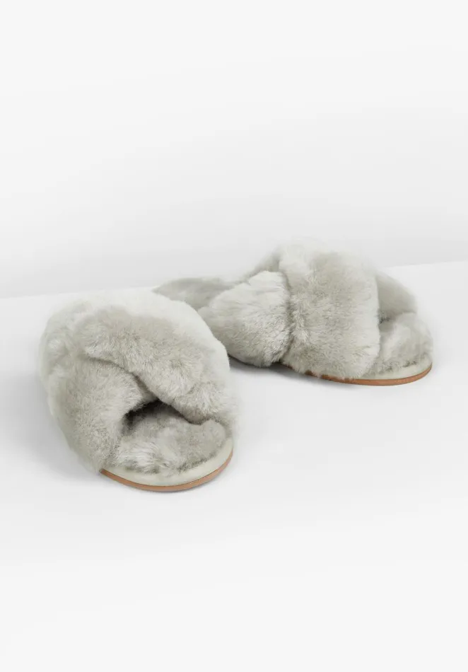 Slippers Women Hush Cross Strap Shearling Slippers Light Grey