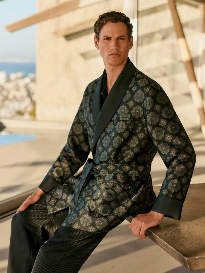 Smoking Jackets Men Derek Rose Smoking Jacket Verona 69 Silk Satin Black