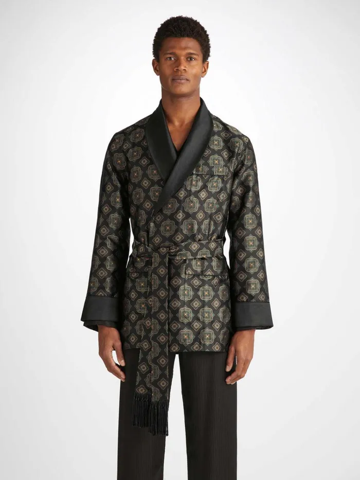 Smoking Jackets Men Derek Rose Smoking Jacket Verona 69 Silk Satin Black