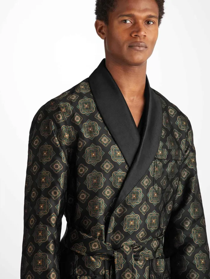 Smoking Jackets Men Derek Rose Smoking Jacket Verona 69 Silk Satin Black