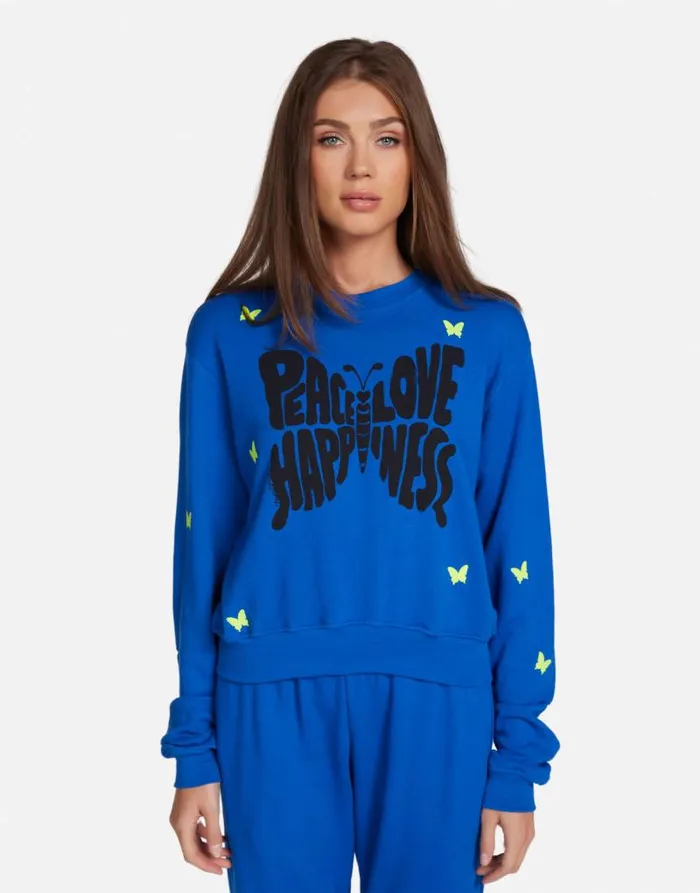 Spalding Neon Peace Love Butterflies Vibrant Blue Women Lauren Moshi Long Sleeve