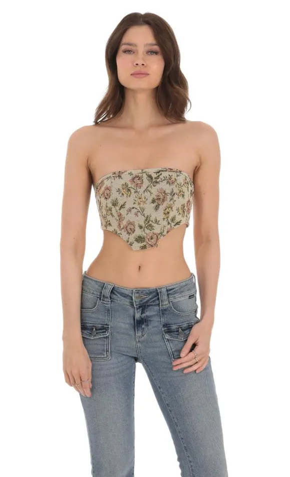 Strapless Floral Corset Top Tan Women LUCY IN THE SKY Tops