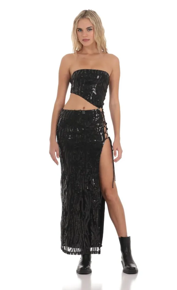 Strapless Sequin Cutout Maxi Dress Black Women LUCY IN THE SKY Maxi Dresses