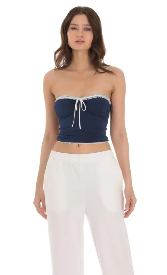 Strapless White Lace Top Navy Women LUCY IN THE SKY Tops