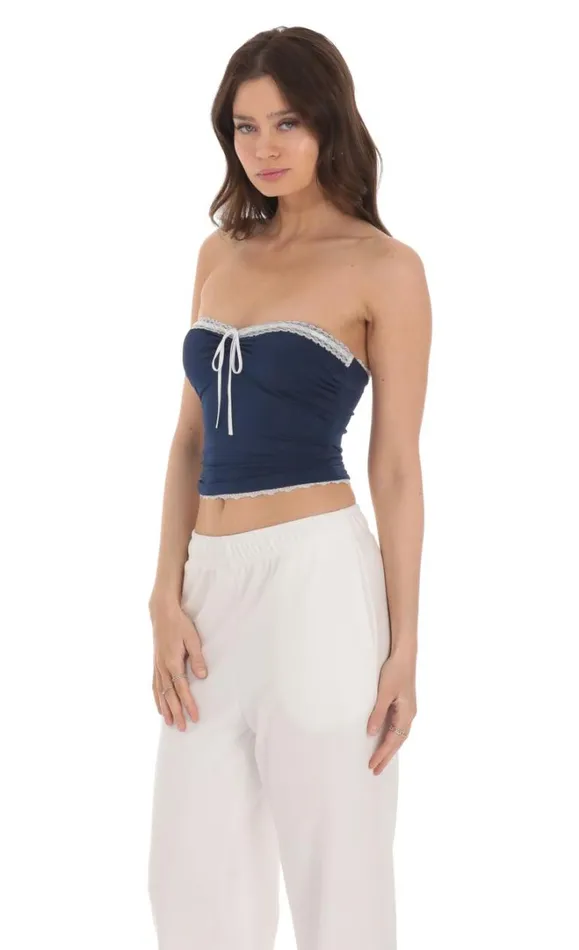 Strapless White Lace Top Navy Women LUCY IN THE SKY Tops Strapless White Lace Top Navy Women LUCY IN THE SKY Tops