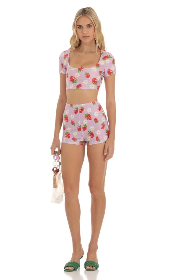 Strawberry Floral Two Piece Short Set Purple Women LUCY IN THE SKY Shorts