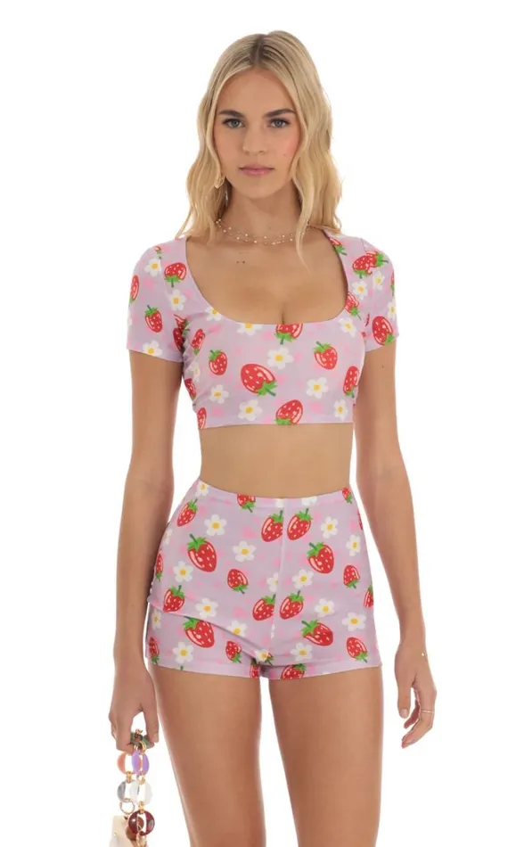 Strawberry Floral Two Piece Short Set Purple Women LUCY IN THE SKY Shorts Strawberry Floral Two Piece Short Set Purple Women LUCY IN THE SKY Shorts
