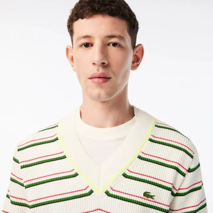 Sweaters and Sweatshirts Men Lacoste Mens Made In France Striped VNeck Sweater White 7gv