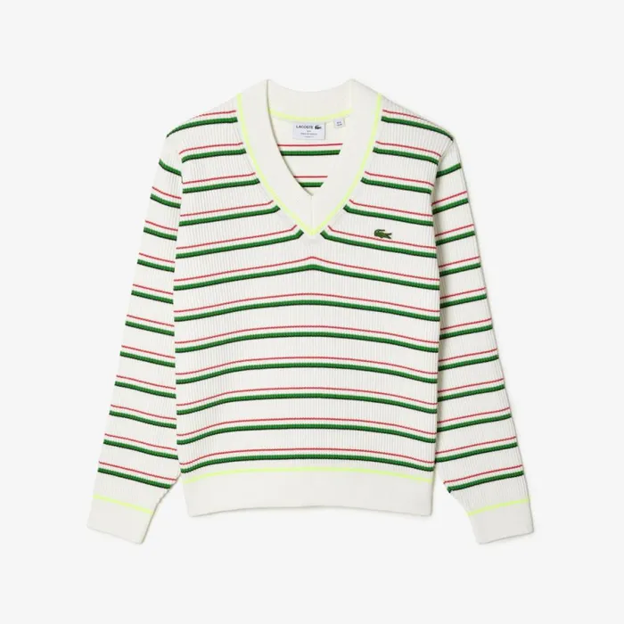 Sweaters and Sweatshirts Men Lacoste Mens Made In France Striped VNeck Sweater White 7gv