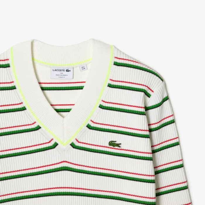 Sweaters and Sweatshirts Men Lacoste Mens Made In France Striped VNeck Sweater White 7gv