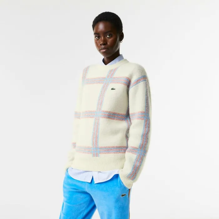 Sweaters and Sweatshirts MenWomen Lacoste Unisex Relaxed Fit Tartan Pattern Wool Blend Sweater White Red Blue 7d1