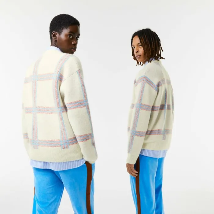 Sweaters and Sweatshirts MenWomen Lacoste Unisex Relaxed Fit Tartan Pattern Wool Blend Sweater White Red Blue 7d1