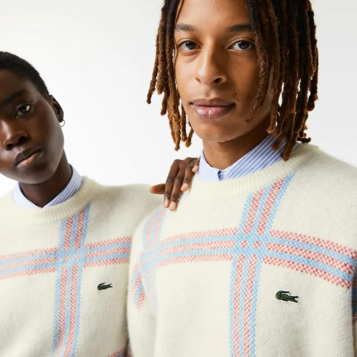 Sweaters and Sweatshirts MenWomen Lacoste Unisex Relaxed Fit Tartan Pattern Wool Blend Sweater White Red Blue 7d1