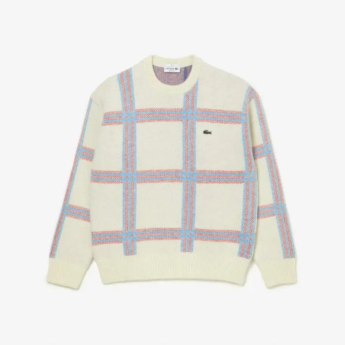 Sweaters and Sweatshirts MenWomen Lacoste Unisex Relaxed Fit Tartan Pattern Wool Blend Sweater White Red Blue 7d1