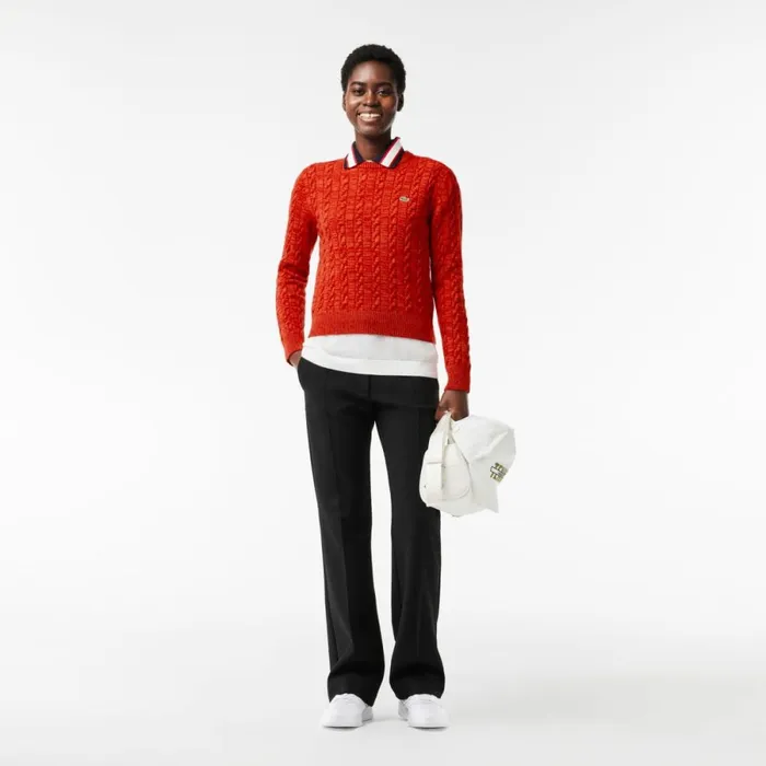 Sweaters and Sweatshirts Women Lacoste Women039s Wool Blend Cable Knit Sweater Red Orange Qif