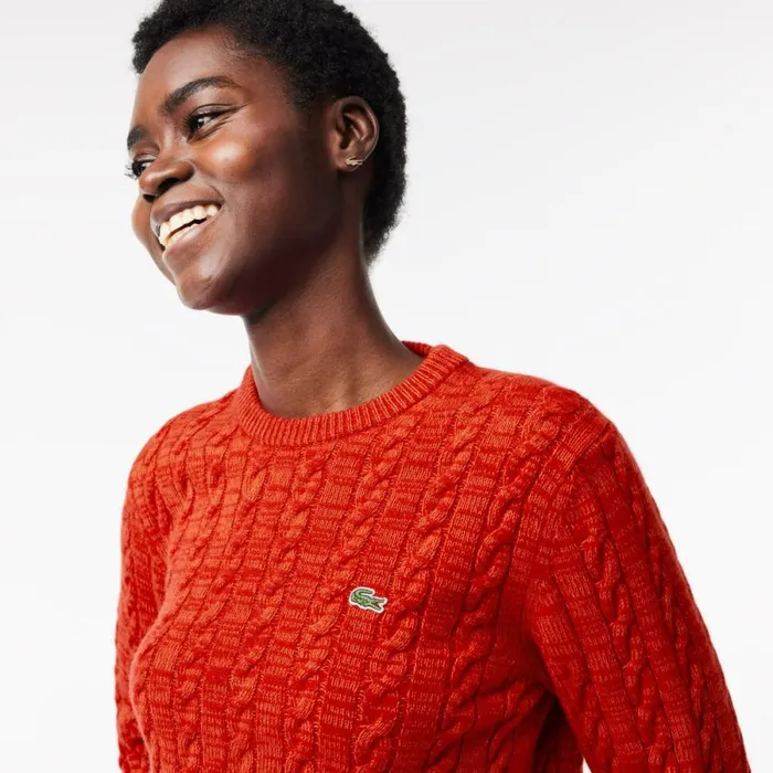 Sweaters and Sweatshirts Women Lacoste Women039s Wool Blend Cable Knit Sweater Red Orange Qif