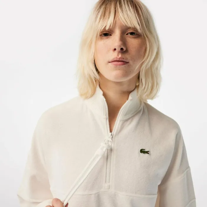 Sweaters and Sweatshirts Women Lacoste Womens HighNeck Terry Cloth Half Zip Sweatshirt White 70v