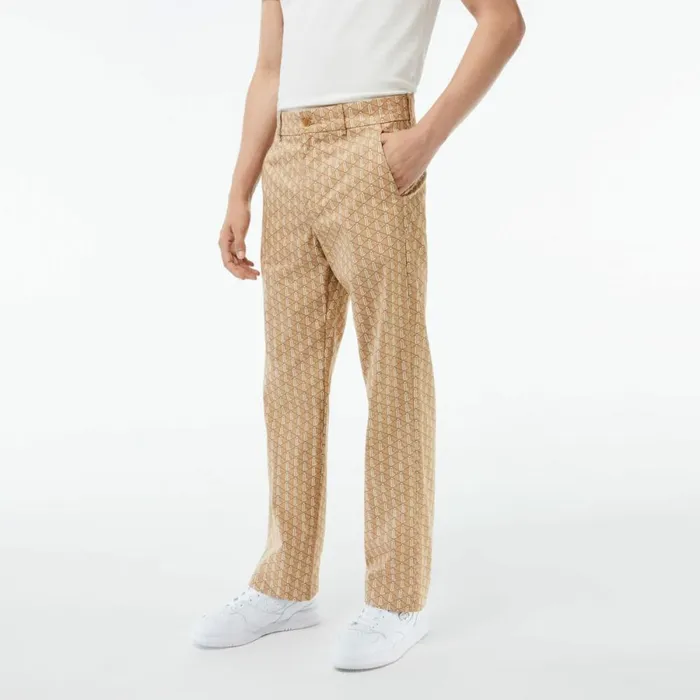 Sweatpants and Trousers Men Lacoste Men039s Monogram Print Straight Cut Chinos Brown Beige White Qiz