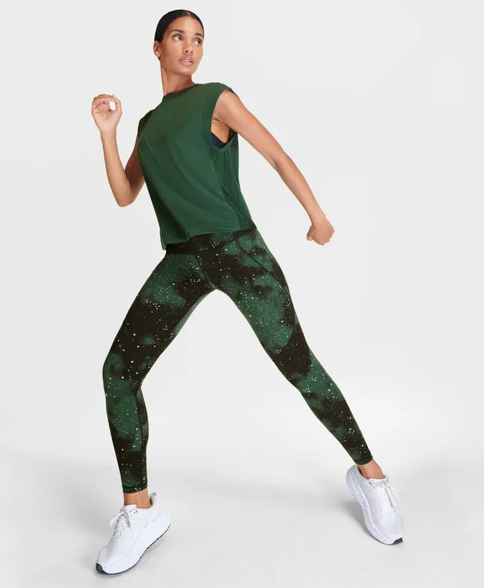 Sweaty Betty Power Gym Leggings Green Ditsy Star Print Women Pocketed