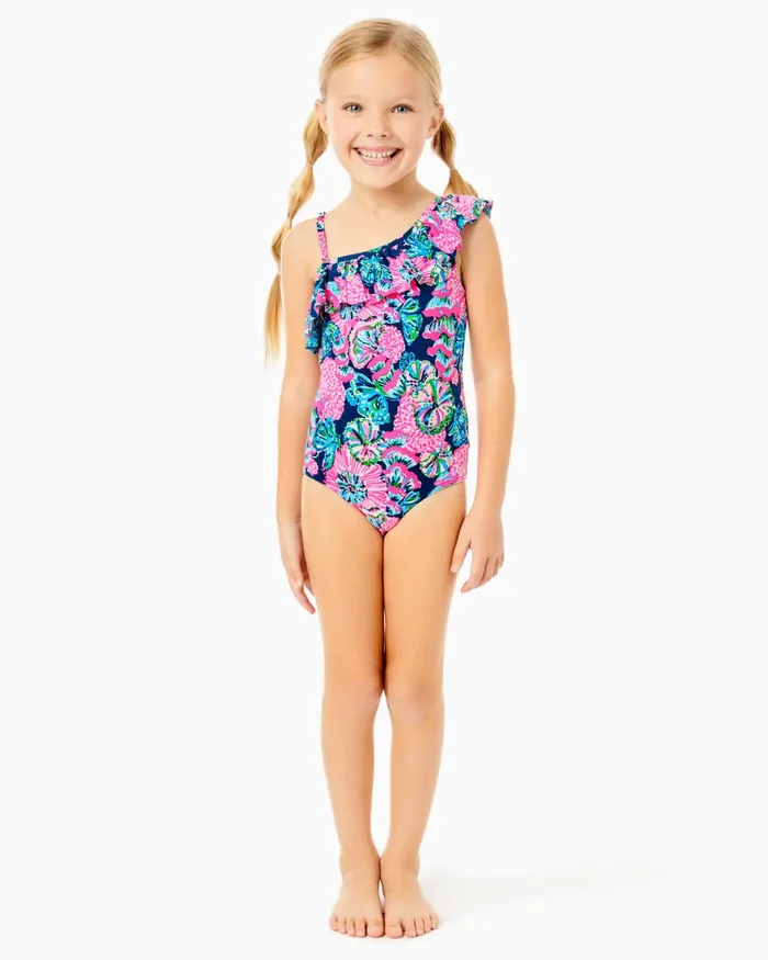 Swim Girls Lilly Pulitzer UPF 50 Girls Mini Zita Swimsuit Oyster Bay Navy Shroom With A View Swim Girls Lilly Pulitzer UPF 50 Girls Mini Zita Swimsuit Oyster Bay Navy Shroom With A View