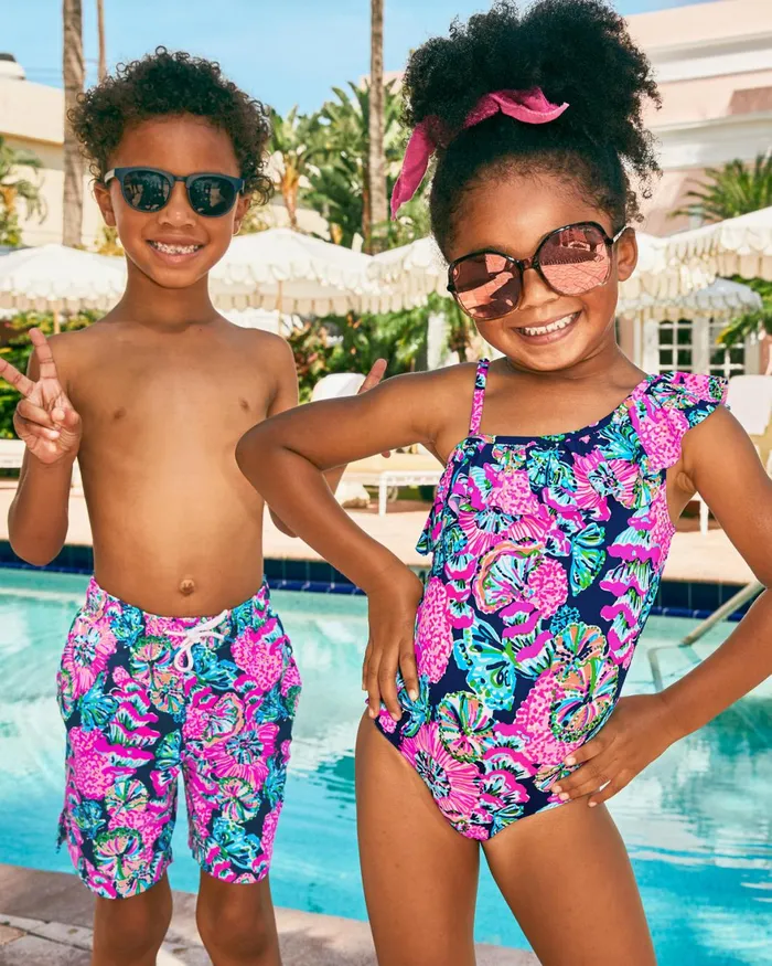 Swim Girls Lilly Pulitzer UPF 50 Girls Mini Zita Swimsuit Oyster Bay Navy Shroom With A View Swim Girls Lilly Pulitzer UPF 50 Girls Mini Zita Swimsuit Oyster Bay Navy Shroom With A View