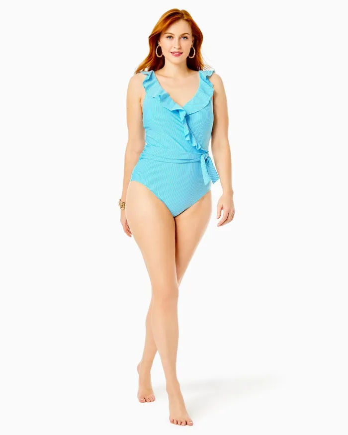 Swim Women Lilly Pulitzer Leven Ruffle Bikini Top Cumulus Blue Seersucker Stripe