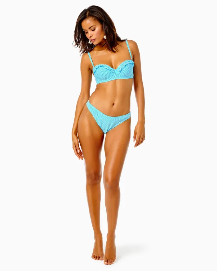 Swim Women Lilly Pulitzer Leven Ruffle Bikini Top Cumulus Blue Seersucker Stripe