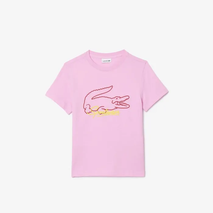 TShirts and Tops Kids Lacoste Kids039 Bright Croc Print Cotton TShirt Pink White Iu9