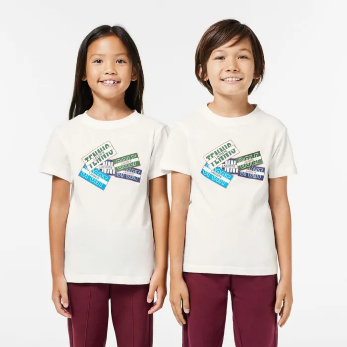 TShirts and Tops Kids Lacoste Kids039 Cotton Badge Print TShirt White 70v