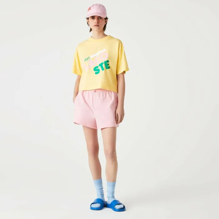 TShirts and Tops Women Lacoste Women039s Short Flecked Loose Fit Organic Cotton TShirt Napolitan Yellow 6xp