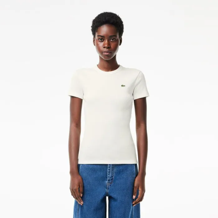 TShirts and Tops Women Lacoste Womens Slim Fit Ribbed Cotton TShirt White 70v