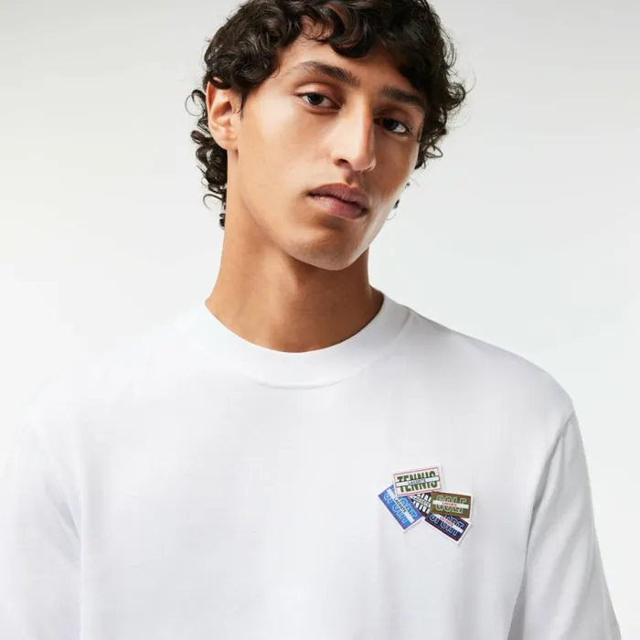 TShirts Men Lacoste Men039s Heavy Cotton Jersey Multi Badge TShirt White 001