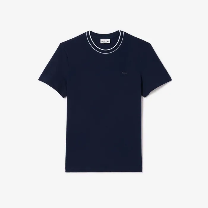 TShirts Men Lacoste Men039s Stretch Piqu Stripe Collar TShirt Navy Blue 166