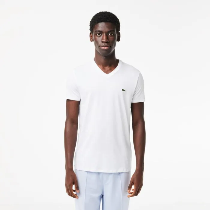 TShirts Men Lacoste Men039s VNeck Pima Cotton Jersey TShirt White 001