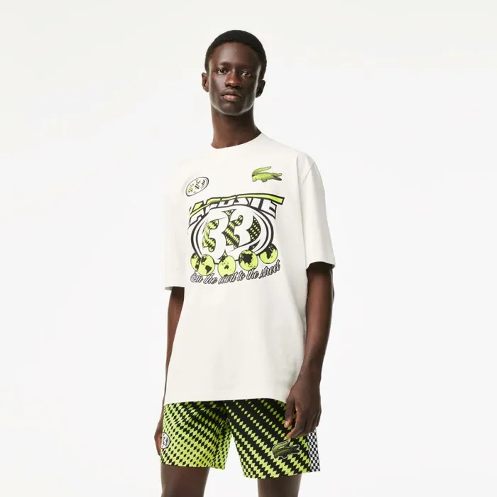 TShirts Men Lacoste Mens Loose Fit Cotton Jersey Print TShirt White 70v