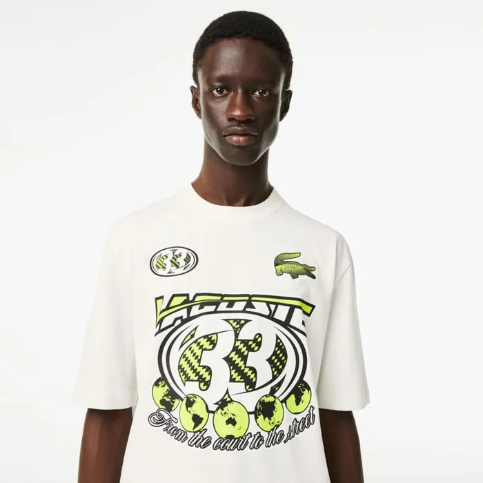 TShirts Men Lacoste Mens Loose Fit Cotton Jersey Print TShirt White 70v