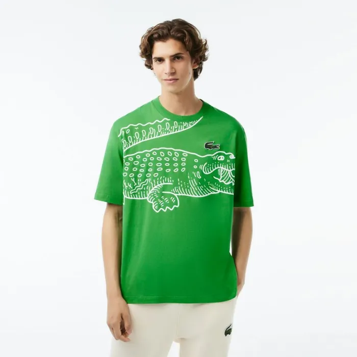 TShirts Men Lacoste Mens Loose Fit Crocodile Print Crew Neck TShirt Green Siw