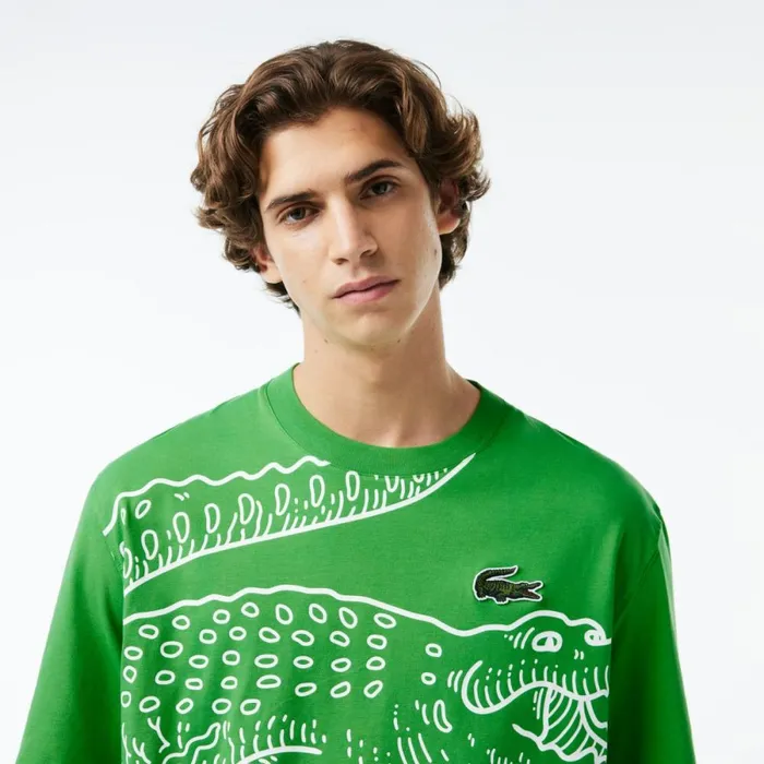 TShirts Men Lacoste Mens Loose Fit Crocodile Print Crew Neck TShirt Green Siw