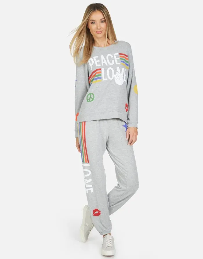Tanzy Peace Love Stripe Heather Grey Women Lauren Moshi Long Sweatpants