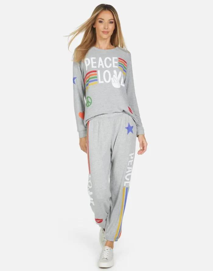 Tanzy Peace Love Stripe Heather Grey Women Lauren Moshi Long Sweatpants