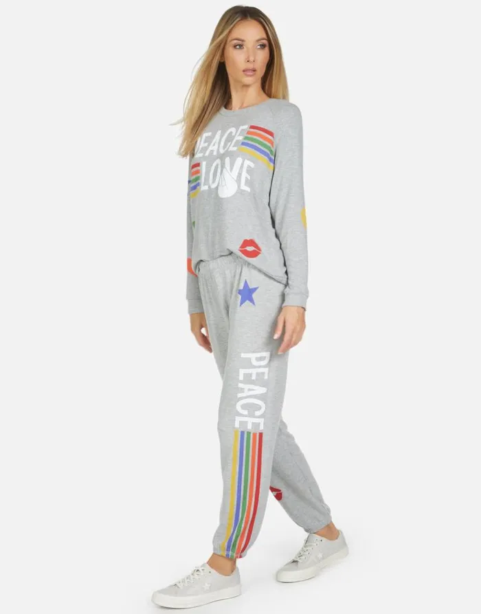 Tanzy Peace Love Stripe Heather Grey Women Lauren Moshi Long Sweatpants